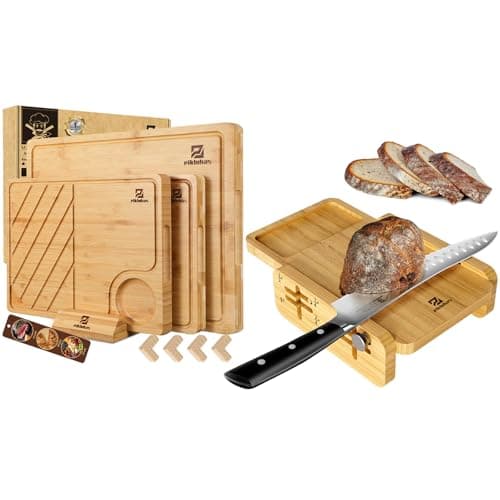 Bamboo Cutting Boards Large Set of 4 for Kitchen+Bread Slicer with Bread Knife