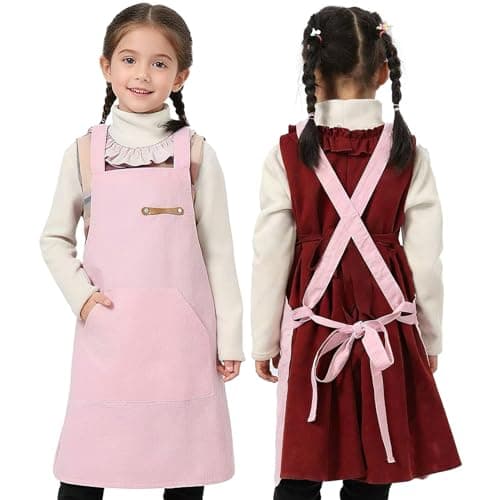 juningxin Boys and Girls Kids Adjustable Apron for Cooking, Baking, Art Painting, Gardening, with Large Pocket, Suitable for Ages 5-11 (1, Pink)