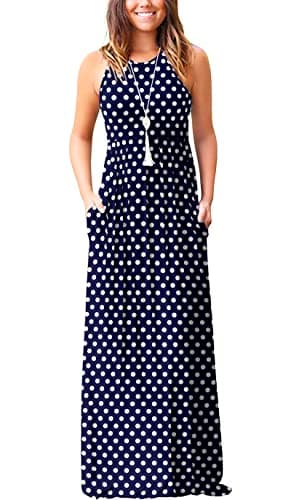 EUOVMY Sleeveless Maxi Dresses for Women Navy Blue Polka Dots XX-Large Crewneck Boho A-line Casual Boho Sundress Flowy Party Vintage Spring Summer Beach Vacation Long Dresses with Pockets