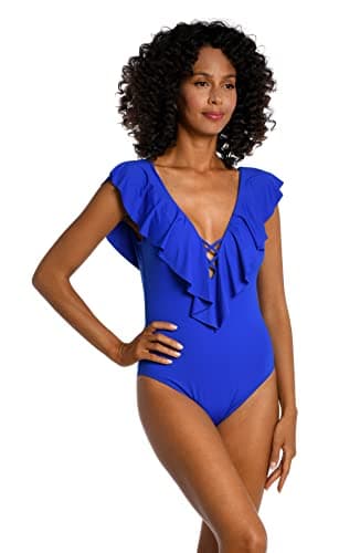 La Blanca Women's Island Goddess Over The Shoulder Ruffle Plunge One Piece, Sapphire, 4