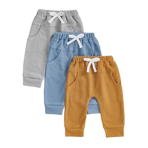 allshope Toddler Baby Boy Fall Pants Active Jogger Casual Athletic Trousers Solid Color Pocket Elastic Waist Harem Bottoms (Waffle Gray Blue Brown, 18-24 Months)
