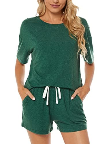 LOCUBE Women's Pajama Set Soft Comfy 2-Piece Short Sleeve Lounge Sleepwear with Drawstring Shorts and Pockets (Green 2, XX-Large)