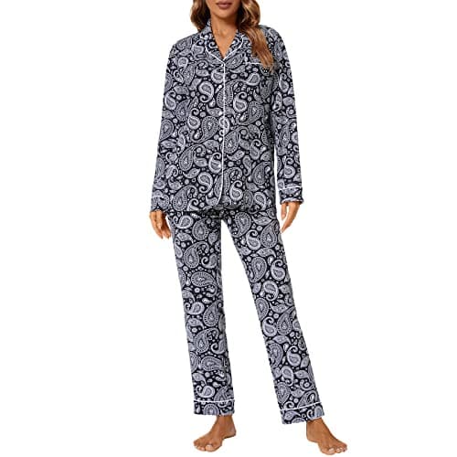 Tugege Pajamas Set Long Sleeve Sleepwear Womens Button Down Nightwear Pj Sets(Black Paisley)