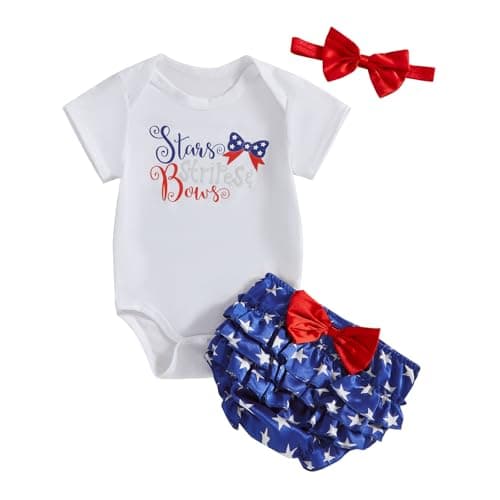 SYHVGI Baby Girl 4th of July Outfit Star Letter Print Short Sleeve Romper and Ruffled Bloomers with Headband 3 Pcs Set (01 White, 0-3 Months)