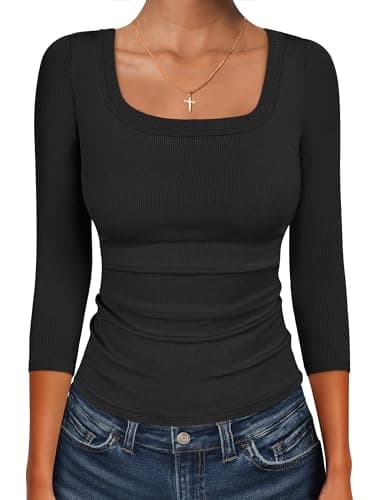 ANRABESS Womens 3/4 Sleeve Tops Scoop Neck Fitted Ribbed Tee Shirts Black