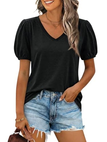 Cicy Bell Womens Puff Short Sleeve T-Shirts V Neck Summer Casual Pleated Tops Loose Fit Curved Hem Tees Black