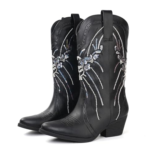JABASIC Women's Mid Calf Western Cowboy Boots Pointed Toe Sequin Embroidered Chunky Heel Cowgirl Booties (7,Black)