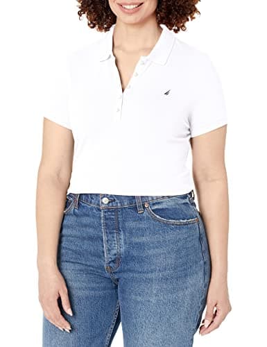 Nautica Women's 5-Button Short Sleeve Breathable 100% Cotton Polo Shirt Shirt, Bright White, Small