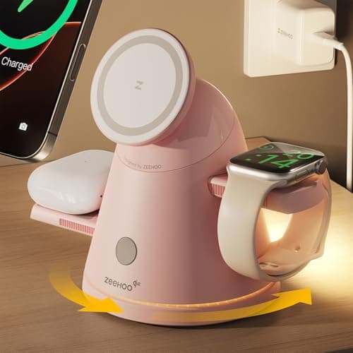 ZEEHOO 3 in 1 Charging Station for Apple Devices,Qi2 Mag-Safe Charger Stand&Light,Fast Wireless Charging Station for iPhone 17/16/15/14/13/12&AirPods&iWatch &Pixel 10&Samsung Galaxy Watch,30W Adapter