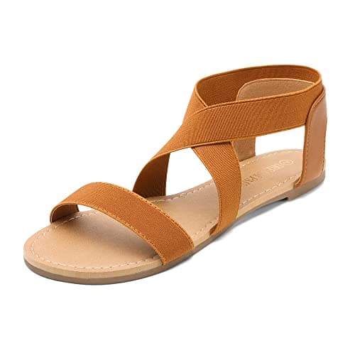 DREAM PAIRS Women's Elastic Ankle Strap Flat Sandals Summer Dressy Shoes Cute Strappy Gladiator Sandals, Size 5.5, Tan, Elatica-6