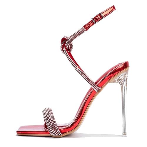 Cape Robbin Women's Rhinestone Stiletto Heel Sandals - Square Open Toe Ankle Strap Sparkly High Heels (Lexington) - Red Size 7.5