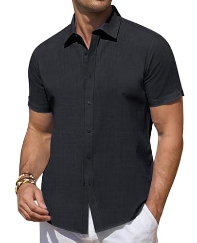 Black Linen Shirt Men Short Sleeve Button Up Shirts Summer Beach Vacation