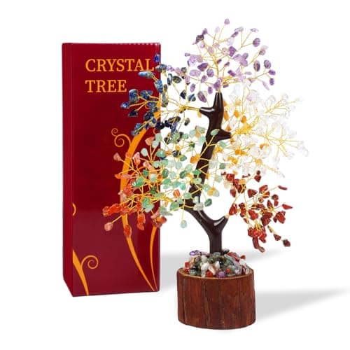 Crystal Tree of Life with Chakra Stones - Healing Crystals Decor for Desk & Home, Housewarming Gifts for New Home, Unique Birthday Gifts for Women, Sisters, Friends (7 Chakra Tree Wooden Base)