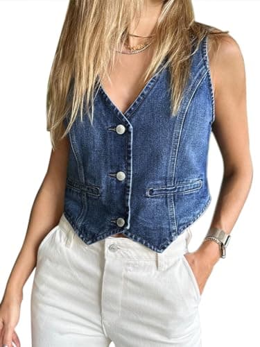 Imily Bela Womens Denim Vest Sleeveless V Neck Button Down Jean Waistcoat Jacket Y2K Summer Crop Tops