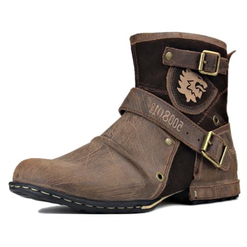 OSSTONE Moto Boots for Men Fashion Zipper-up Leather Chukka Boots Casual Shoes 5008-1-D1，Light Brown,size US8