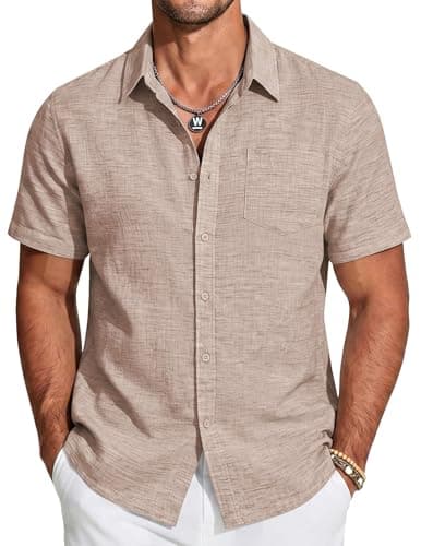 COOFANDY Mens Short Sleeve Button Down Shirts Linen Shirts for Men Beach Vacation Cruise Summer Tops Khaki