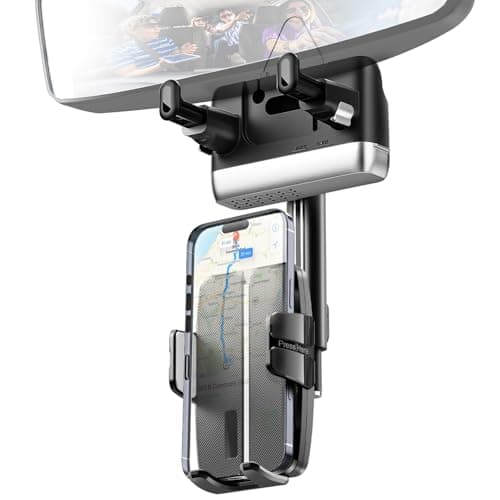 KSYER Rear View Mirror Phone Holder,Rotatable and Retractable Phone Holders for Your Car, 360° Rotating Adjustable Cell Phone Mount with Wire Retaining Rope for iPhone Samsung All 4-7 Inch Cell Phones