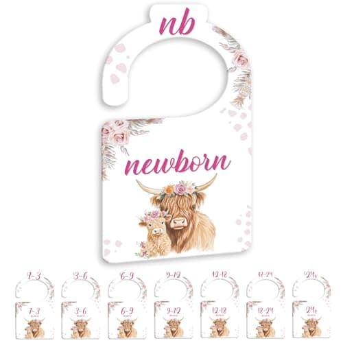 JMOST Hightland Cow Baby Closet Dividers for Nursery Closet Organizer, Newborn to 24 Months Size Clothes, Boho Hangers with Size Dividers, Double Sided