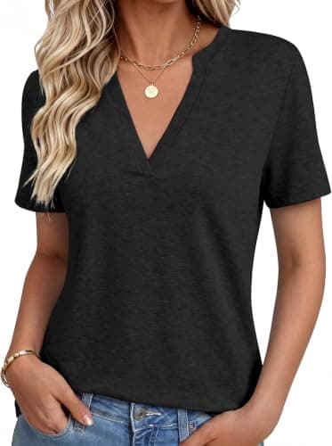 NORACORA Women's V Neck Short Sleeve T Shirt Summer Casual Tops Loose Fit Basic Blouses Trendy Fashion for Work Daily Wear Black M