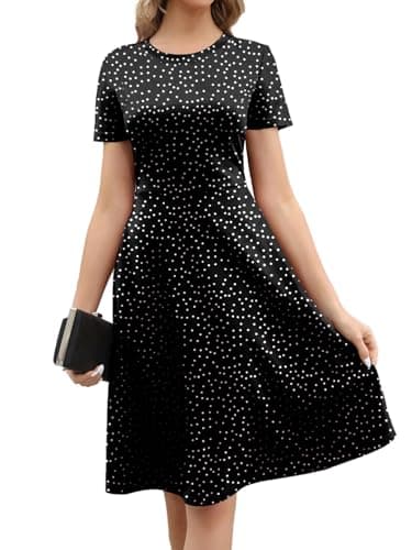 MSLG Women's 2024 Fit and Flare Dress with Pockets Summer Casual Party Retro Short Sleeve Knee Length A-Line Swing Dresses 162 M Black Dot