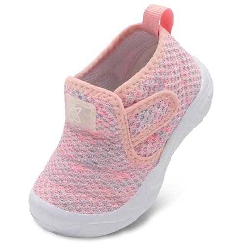QFH Toddler Shoes Comfortable and Flexible Child Sneakers Strap Closure Baby Boys Girls Barefoot Shoes Colorful Pink Size 5.5