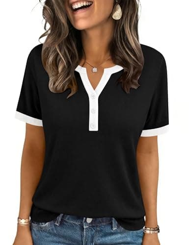 LOMON Womens V Neck Sweaters Puff Short Sleeve Business Casual Pullovers Tops Summer Knit Blouse(Black Striped,M)