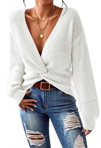 Pink Queen Women's 2025 Casual Pullover Sweaters Sexy Deep V Neck Long Lantern Sleeve Twist Knot Wrap Cropped Knit Sweater Tops White M