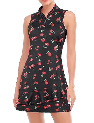 Tennis Dress for Women with Built in Shorts, Pockets Sleeveless Golf Dress Zip Up Stand Collar Lightweight Dresses for Hiking Running Black, Cherry-Small