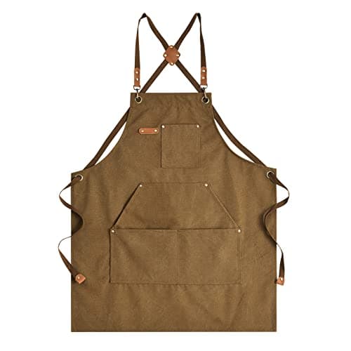 Aoomzoon Canvas Aprons for Men Chef Apron, Work Apron with Large Pockets - Durable 16oz Heavy Duty Cross Back, BBQ, Cooking (Brown, 1 Pack)