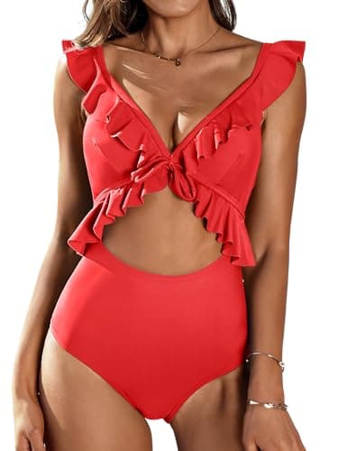 SOCIALA Bathing Suits for Womens Ruffle Cut Out One Piece Swimsuits Strappy Monokinis Swimwear(Large, Red)
