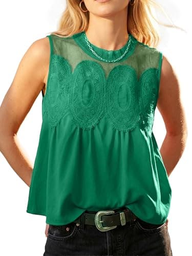 Funlingo Women's Peplum Tops Lace Babydoll Poplin Mesh Embroidered Blouse Dressy Casual Crew Neck Sleeveless Flared Mesh Shirts Green XL