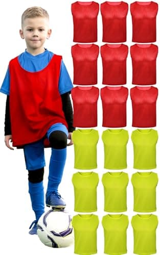 ATHLOVA Scrimmage Vests Child/Kids Practice Jerseys (Kids, 9 Red + 9 Neon Yellow)