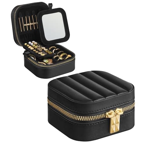SONGMICS HOME Travel Jewelry Case, Small Jewelry Box Organizer with Mirror, 4.1 x 4.1 x 2.4 Inches, Stitching, Portable, Gift Idea, Ink Black UJBC179B01