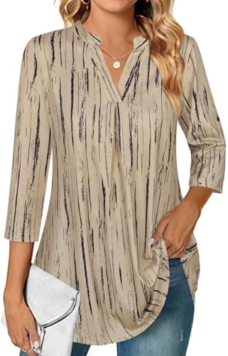 Ninedaily 3/4 Length Sleeve Womens Tops, Fall 2025 Winter Tops Dressy Casual long Sleeve V Neck Shirt Work Blouses Business Outfits Boho Beige Stripe,Size S