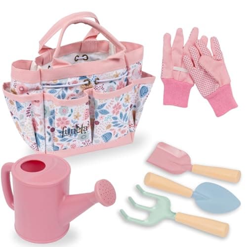 Kids Gardening Set with Watering Can - Toddlers Outdoor Gardening Kit with Planting Gloves, Shovel, Rake, Pink Tote Bag - 6PCS Kids Plant Growing Kit STEM Learning Gardening Gift for Kids & Toddlers