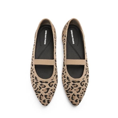 DREAM PAIRS Women's Knit Ballet Flats Pointed Toe Comfortable Dressy Flats for Work Office Shoes Mary Jane Flats,Size 7.5,Leopard,SDFA26005W