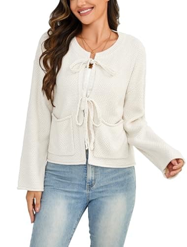 Bsubseach Cardigan Sweaters for Women Cropped Tie Front Bow Cardigan Fall Winter Long Sleeve Knit Sweater Coats with Pockets Beige L