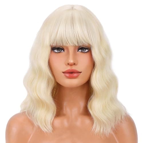 BERON 14 Inches Blonde Wig for Women Short Curly Wig Blonde Wigs with Bangs Bob Blonde Wigs for Daily Party Hairnet Include