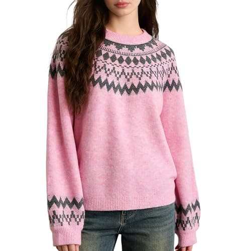 Quatrefox Womens Fair Isle Sweaters 2026 Vintage Sweater Colorful Crew Neck Long Sleeve Pullover Jumper Tops Pink L