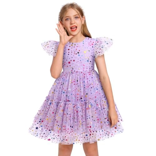 IBTOM Castle Pageant Dresses for Girls Rainbow Star Light Purple 9-10Y