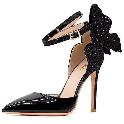 FINDVELL Black High Heels Butterfly Back Sexy Stiletto Pumps Closed Toe Sparkly Ankle Strap Heels Sandals Dress Shoes for Women Size 6