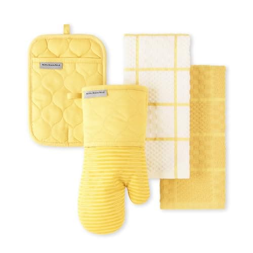 KITCHENAID Quilted Cotton Terry Cloth Oven Mitt, Pot Holder, Kitchen Towel 4-Pack Set, Heat Resistant, Silicone Grip, 16"x26", 7"x13" & 7"x10", Butter Yellow