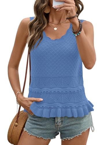 LOMON Crochet Sweater Vest Ladies Petite Tops 2026 Summer Boho Cute Resort Wear Cotton Beach Cover Ups Classy Business Casual Vacation (Blue,M)