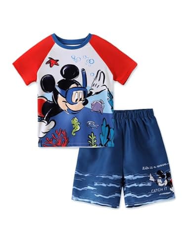Disney Mickey and Friends Boys Swim Set Beach Swimsuit Deep Blue Bathing Suit Outdoor Child Swimwear Set Summer Rash Guard Shirts & Swimtrunk Young Boy Lake Clothes Vacation Fishing Outfit 8-9 Years
