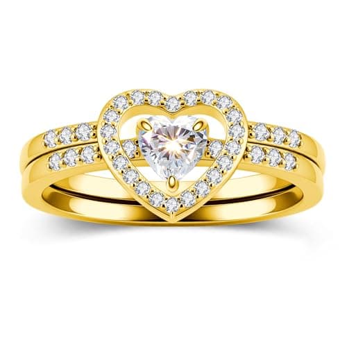 Delzzad Heart Moissanite Wedding Ring Set for Women, 0.6CTW Stackable Engagement Rings, 2-Piece Halo Promise Ring Set, 18K Gold Plated Moissanite Jewelry Purity Rings for Wife Daughter Friendship, Birthday Graduation Valentine’s Day Mother's Day (Double Heart, Yellow Gold, 10)