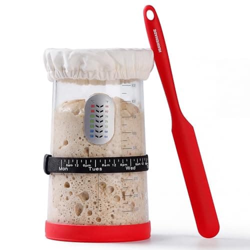 HIAWEMADE 40oz Sourdough Starter Jar with Feeding Tracker – Thickened Clear Glass Fermentation Jar (1.2L) w/Date Marked Band, Thermometer Strip, Cloth Cover & Spatula – Sourdough Kit for Home Bakers