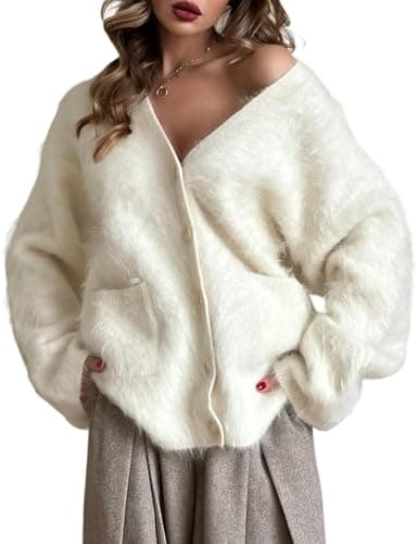 Women's Fuzzy Cardigan V Neck Long Sleeve Button Down Slouchy Furry Sweaters Chunky Knit Mohair Sweater Coat(Apricot-L)