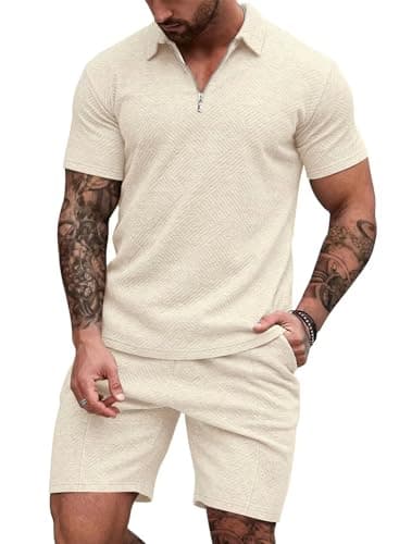 EISHOPEER Mens Polo Short Sets 2 Piece Outfits Fashion Summer Tracksuits Casual Set Beige 3X-Large