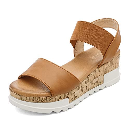 DREAM PAIRS Womens Open Toe Elastic Strap Casual Flatform Platform Wedges Sandals,Size 5.5,Camel Classic,REED-2