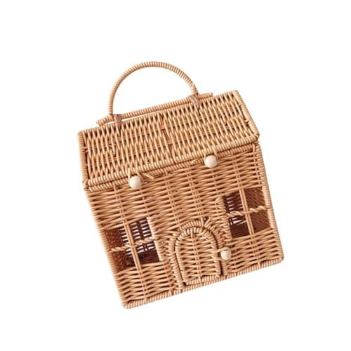 House-Shaped Wicker Basket with Lid,Wicker Suitcase Decorative House Rattan Basket with Handle Food Storage Box For Picnics and Family Gatherings